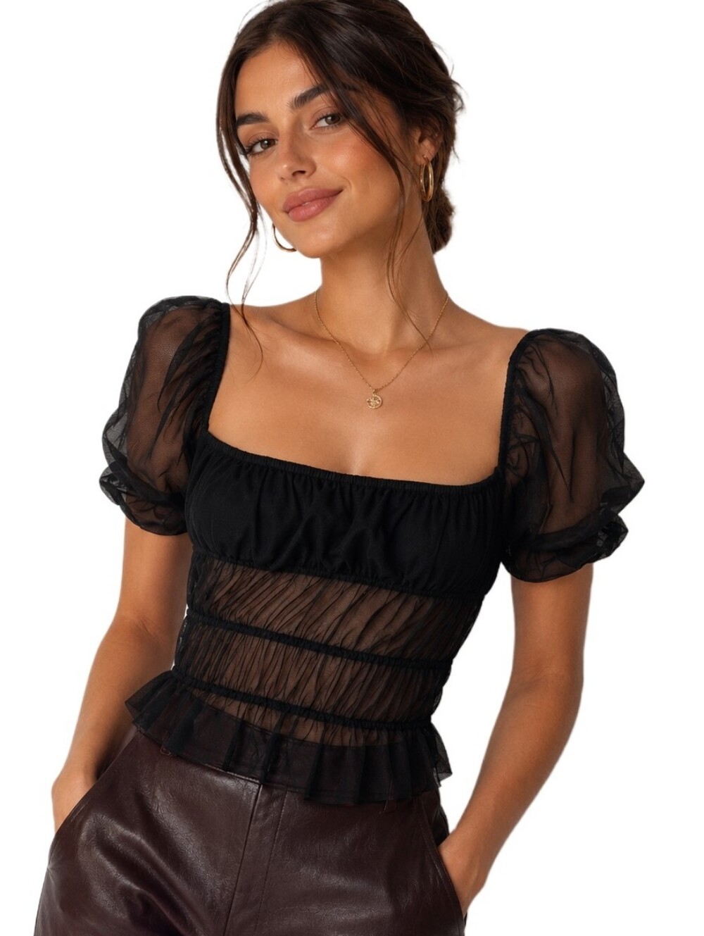 Missguided Black Ruffled Mesh Crop Top with Puff Sleeves